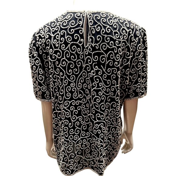 Lawrence Kazar 2X Black Silk Beaded Top Pearl Swirl Vintage Glam Holiday Party - Picture 6 of 11